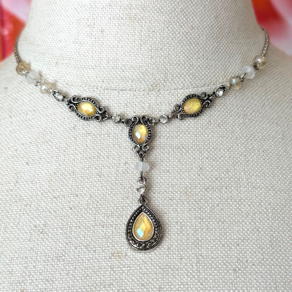 Vintage Avon SH Yellow beaded  Y Drop Necklace Silver Tone